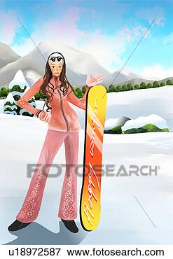 Banque d'Illustrations - portrait, jeune, 
femme, debout, 
snowboard. fotosearch 
- recherchez des 
cliparts, des 
illustrations, 
des dessins et 
des images vectoris�es 
au format eps