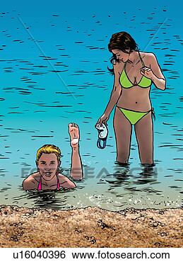 Clip Art - dois,  mulheres, 
 praia,  água. 
fotosearch - busca 
de ilustrações 
clipeart e desenhos