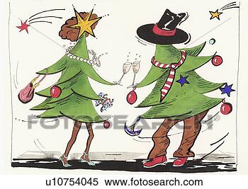Clipart - macho,  femininas, 
 natal,  árvores, 
 dançar,  junto. 
fotosearch - busca 
de ilustrações 
clipeart e desenhos
