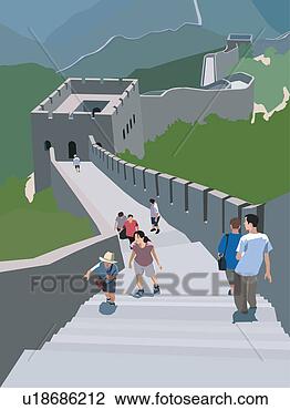 Clipart - turistas,   andar, 
  ao longo,   
grande,   parede, 
  china. fotosearch 
- busca de ilustrações 
clipeart e desenhos