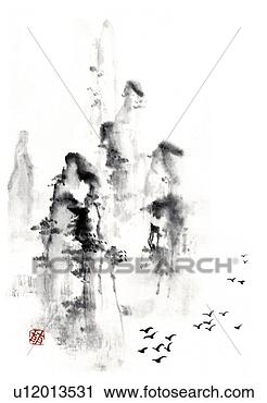 Clipart - mount huangshan 
and flock of flying 
bird,  ink brush 
painting,  high. 
fotosearch - search 
clipart, illustration, 
drawings and vector 
eps graphics images