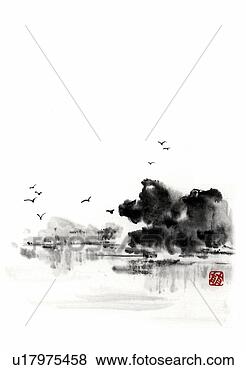 Stock Illustration - scenery of lake, 
 ink brush painting, 
 white background, 
 cut out. fotosearch 
- search clipart, 
illustration, 
drawings and vector 
eps graphics images