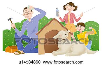 Stock Illustration - father and children 
caring the dog 
house together, 
illustration. 
fotosearch - search 
clipart, illustration, 
drawings and vector 
eps graphics images