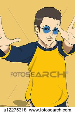 Arquivos de Ilustrações - jovem,  homem, 
 óculos de sol, 
 levantamento, 
 mãos,  cima, 
 retrato. fotosearch 
- busca de ilustrações 
clipeart e desenhos