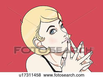 Arquivos de Ilustrações - jovem,  mulher, 
 loura,  cabelo, 
 posar,  retrato, 
 ilustração. fotosearch 
- busca de ilustrações 
clipeart e desenhos