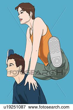 Arquivos de Ilustração - jovem,  mulher, 
 pular,  sobre, 
 homem,  ombros, 
 retrato,  ilustração. 
fotosearch - busca 
de ilustrações 
clipeart e desenhos