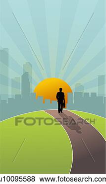 Stock Illustration - silhouette of 
a businessman 
walking towards 
a city at sunset. 
fotosearch - search 
clipart, illustration, 
drawings and vector 
eps graphics images
