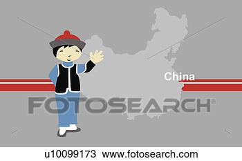 Desenho - menino,   desgastar, 
  tradicional, 
  chinês,   roupa, 
  frente. fotosearch 
- busca de ilustrações 
clipeart e desenhos