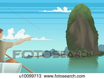 Drawing - close-up of a 
young man boating 
and pointing to 
a rock. fotosearch 
- search clipart, 
illustration, 
drawings and vector 
eps graphics images