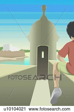 Clipart - rear view of a 
boy sitting on 
wall in front 
of a tower. fotosearch 
- search clipart, 
illustration, 
drawings and vector 
eps graphics images