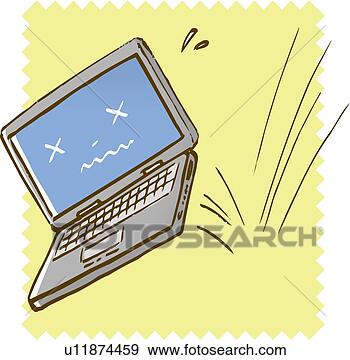 Colección de ilustraciones - computador portatil,  cayó, abajo, chocar,  piso, frente,  vista. fotosearch  - buscar dibujos  de ilustraciones  de clipart