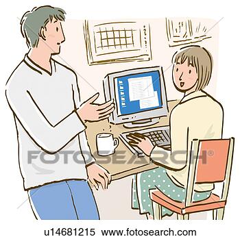 Arquivos de Ilustração - homem,  falando, 
 mulher,  sentando, 
 escrivaninha, 
 computador. fotosearch 
- busca de ilustrações 
clipeart e desenhos