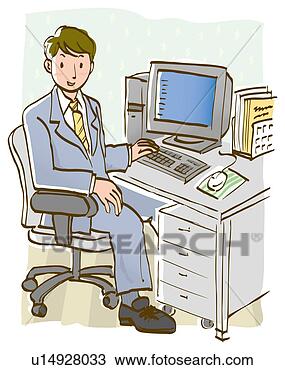 Desenho - homem negócios, 
 sentando,  escrivaninha, 
 computador,  
lado,  vista. 
fotosearch - busca 
de ilustrações 
clipeart e desenhos