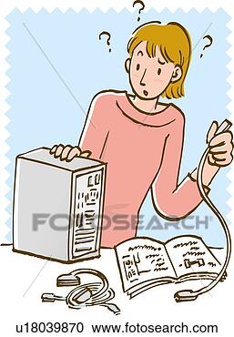 Arquivos de Ilustração - mulher,   segurando, 
  cabo,   computador, 
  tendo,   problema. 
fotosearch - busca 
de ilustrações 
clipeart e desenhos