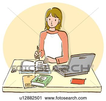 Clipart - mulher,   sentando, 
  escrivaninha, 
  escrita,   baixo, 
  caderno. fotosearch 
- busca de ilustrações 
clipeart e desenhos