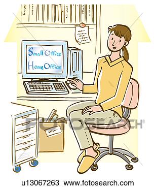 Desenho - mulher,  sentando, 
 escrivaninha, 
 computador,  
lado,  vista. 
fotosearch - busca 
de ilustrações 
clipeart e desenhos