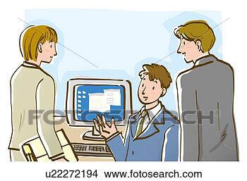 Stock Illustration - three business 
people talking 
at desk. fotosearch 
- search clipart, 
illustration, 
drawings and vector 
eps graphics images