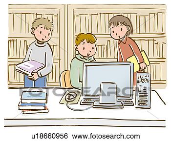 Arquivos de Ilustração - três,  crianças, 
 olhar,  computador, 
 monitor,  biblioteca. 
fotosearch - busca 
de ilustrações 
clipeart e desenhos