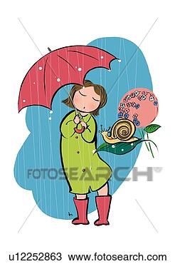 Desenho - pre-adolescent, 
 criança,  segurando, 
 vermelho,  guarda-chuva, 
 ficar. fotosearch 
- busca de ilustrações 
clipeart e desenhos