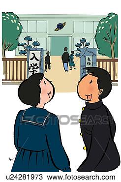 Desenho - pre-adolescent, 
 menino,  menina, 
 uniforme,  segurando, 
 mãos,  ir. fotosearch 
- busca de ilustrações 
clipeart e desenhos