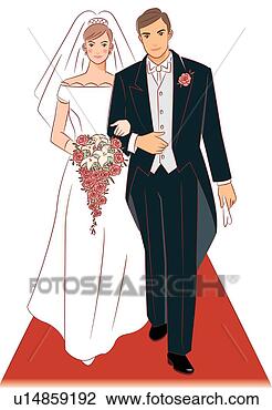 Clip Art - nupcial,  par, 
 andar,  junto, 
 vermelho,  tapete, 
 noiva,  segurando. 
fotosearch - busca 
de ilustrações 
clipeart e desenhos