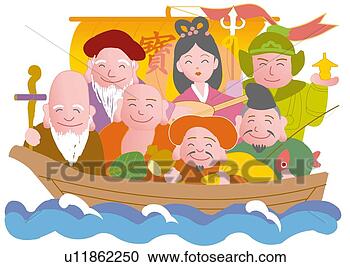 Arquivos de Ilustração - sete,  divindades, 
 bom,  fortuna, 
 bote. fotosearch 
- busca de ilustrações 
clipeart e desenhos