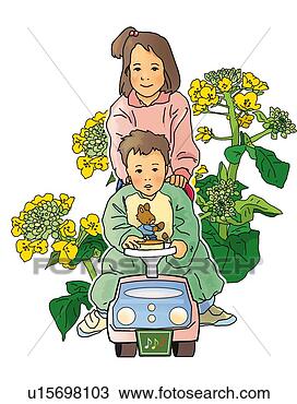 Desenho - retrato,   menina, 
  menino,   tocando, 
  brinquedo,  
 violação. fotosearch 
- busca de ilustrações 
clipeart e desenhos