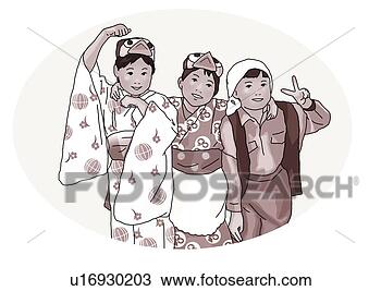 Desenho - retrato,   três, 
  crianças,   
yukata,   ficar, 
  lado,   lado. 
fotosearch - busca 
de ilustrações 
clipeart e desenhos