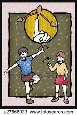 Desenho - menino,   menina, 
  tocando,   equilibrar, 
  brinquedos, 
  menino. fotosearch 
- busca de ilustrações 
clipeart e desenhos