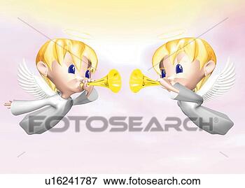 Stock Illustration - two angels blowing 
horns, cg, 3d, 
illustration, 
side view. fotosearch 
- search clipart, 
illustration, 
drawings and vector 
eps graphics images
