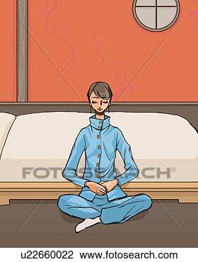 Clip Art - mulher,   sentando, 
  chão,   meditar, 
  quarto,   frente, 
  vista. fotosearch 
- busca de ilustrações 
clipeart e desenhos