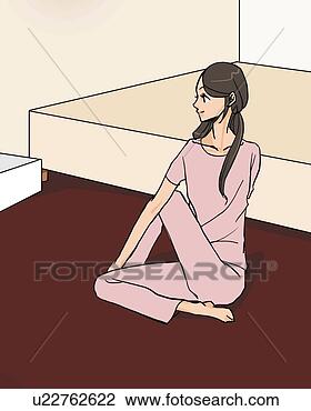 Clip Art - mulher,   sentando, 
  chão,   esticar, 
  quarto,   frente, 
  vista. fotosearch 
- busca de ilustrações 
clipeart e desenhos