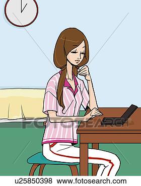 Arquivos de Ilustrações - mulher,   sorrindo, 
  usando,   laptop, 
  quarto,   lado, 
  vista. fotosearch 
- busca de ilustrações 
clipeart e desenhos