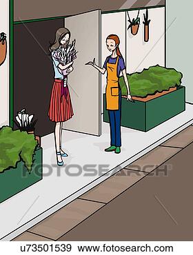 Stock Illustration - woman holding 
bunch of flowers 
talking with female 
clerk in flower. 
fotosearch - search 
clipart, illustration, 
drawings and vector 
eps graphics images