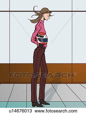 Drawing - woman standing 
and holding a 
helmet, side view, 
illustrative technique. 
fotosearch - search 
clipart, illustration, 
drawings and vector 
eps graphics images
