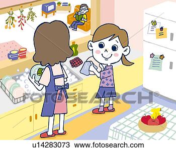Desenho - menina,  ajudando, 
 mãe,  lavando, 
 cima,  pintura, 
 ilustração. fotosearch 
- busca de ilustrações 
clipeart e desenhos