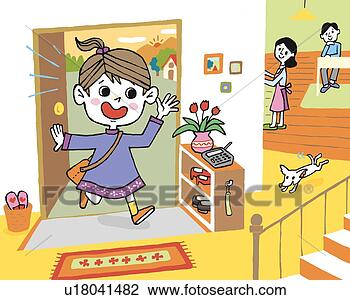 Clip Art - menina,  vinda, 
 lar,  pintura, 
 ilustração,  
illustrative, 
 técnica. fotosearch 
- busca de ilustrações 
clipeart e desenhos