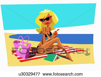 Stock Illustration - blonde on beach 
towel applying 
suntan lotion. 
fotosearch - search 
clipart, illustration, 
drawings and vector 
eps graphics images