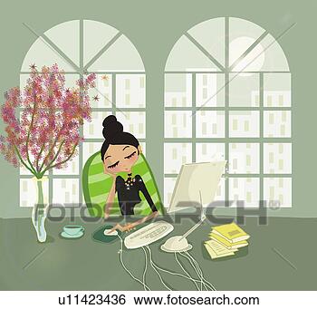 Banque d'Illustrations - jeune, femme, 
tomber, endormi, 
bureau, bureau. 
fotosearch - recherchez 
des cliparts, 
des illustrations, 
des dessins et 
des images vectoris�es 
au format eps