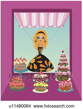Stock Illustration - young woman looking 
in a shop window 
at sweets. fotosearch 
- search clipart, 
illustration, 
drawings and vector 
eps graphics images