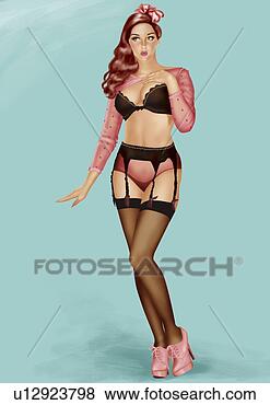 Stock Illustration - pinup girl in 
sexy black and 
pink lingerie. 
fotosearch - search 
clipart, illustration, 
drawings and vector 
eps graphics images