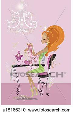 Stock Illustration - young woman with 
many jewels sitting 
at a table. fotosearch 
- search clipart, 
illustration, 
drawings and vector 
eps graphics images