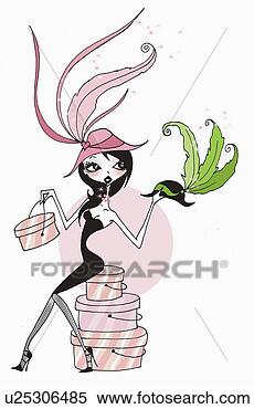 Stock Illustration - woman sitting 
on a tower of 
hat boxes wearing 
a feather hat. 
fotosearch - search 
clipart, illustration, 
drawings and vector 
eps graphics images