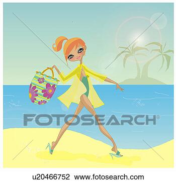 Clip Art - femme, arrivant, 
tropical, plage, 
elle, plage, sac. 
fotosearch - recherchez 
des cliparts, 
des illustrations, 
des dessins et 
des images vectoris�es 
au format eps