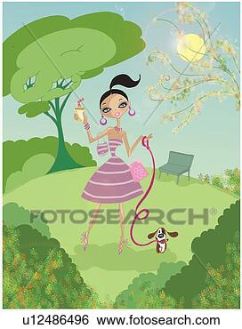 Stock Illustration - woman in purple 
striped dress 
in park walking 
little dog. fotosearch 
- search clipart, 
illustration, 
drawings and vector 
eps graphics images