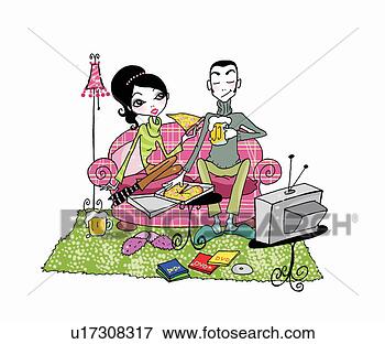 Stock Illustration - couple on couch 
with beer, pizza, 
and tv. fotosearch 
- search clipart, 
illustration, 
drawings and vector 
eps graphics images