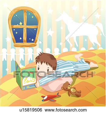 Stock Illustration - lying, kid, bed, 
bed room, boy, 
holding, child. 
fotosearch - search 
clipart, illustration, 
drawings and vector 
eps graphics images
