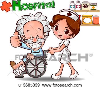 图例在线 - 轮椅, 护士, 帽子, 医院, 患者, 护士, 制