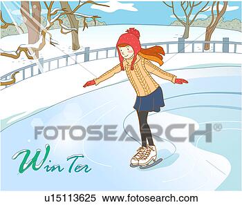图解或向量图 - 雪, 冬天, 溜冰场, 花样滑冰, 在户外, 树, 季节