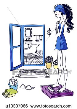 Banque d'Illustrations - jeune, femme, 
emball, serviette, 
debout, poids, 
chelle. fotosearch 
- recherchez des 
cliparts, des 
illustrations, 
des dessins et 
des images vectorises 
au format eps